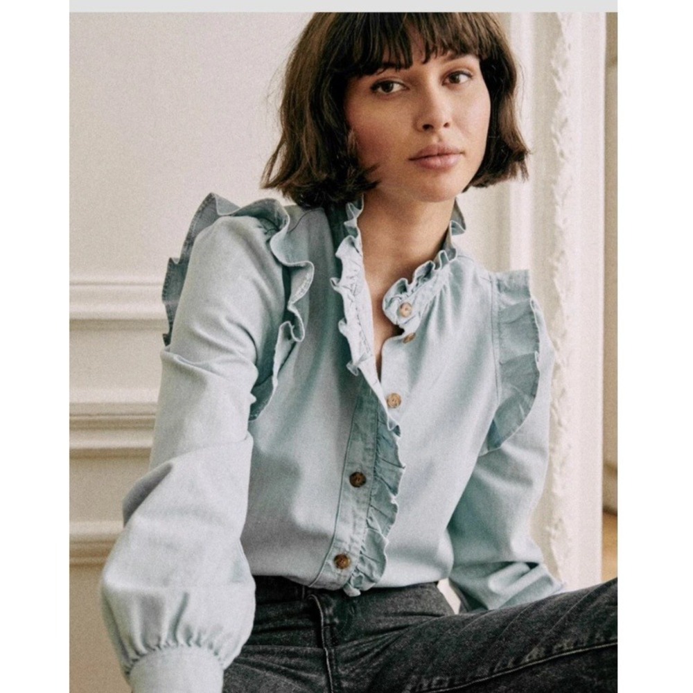Sezane Light Wash Denim Ruffle Trim Shirt Organic Cotton Blue Size 34